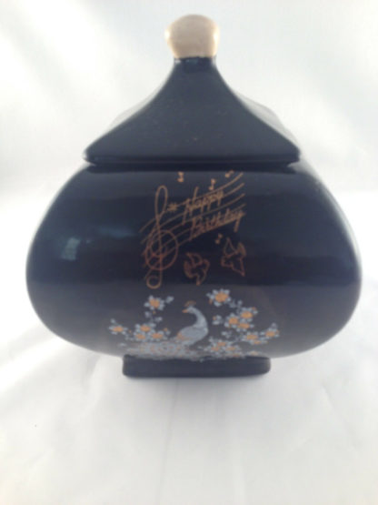 black table jar candy/confection ceramic hand painted happy birthday w/peacock1